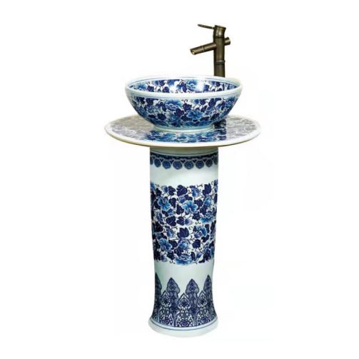 Bathroom Blue White Porcelain Pedestal Basin FE081-H