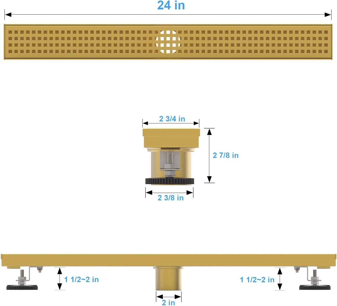 24 吋淋浴線性金色排水管矩形地漏帶配件方孔圖案蓋格柵可拆卸 SUS304 不銹鋼 CUPC 認證拉絲金色黃銅