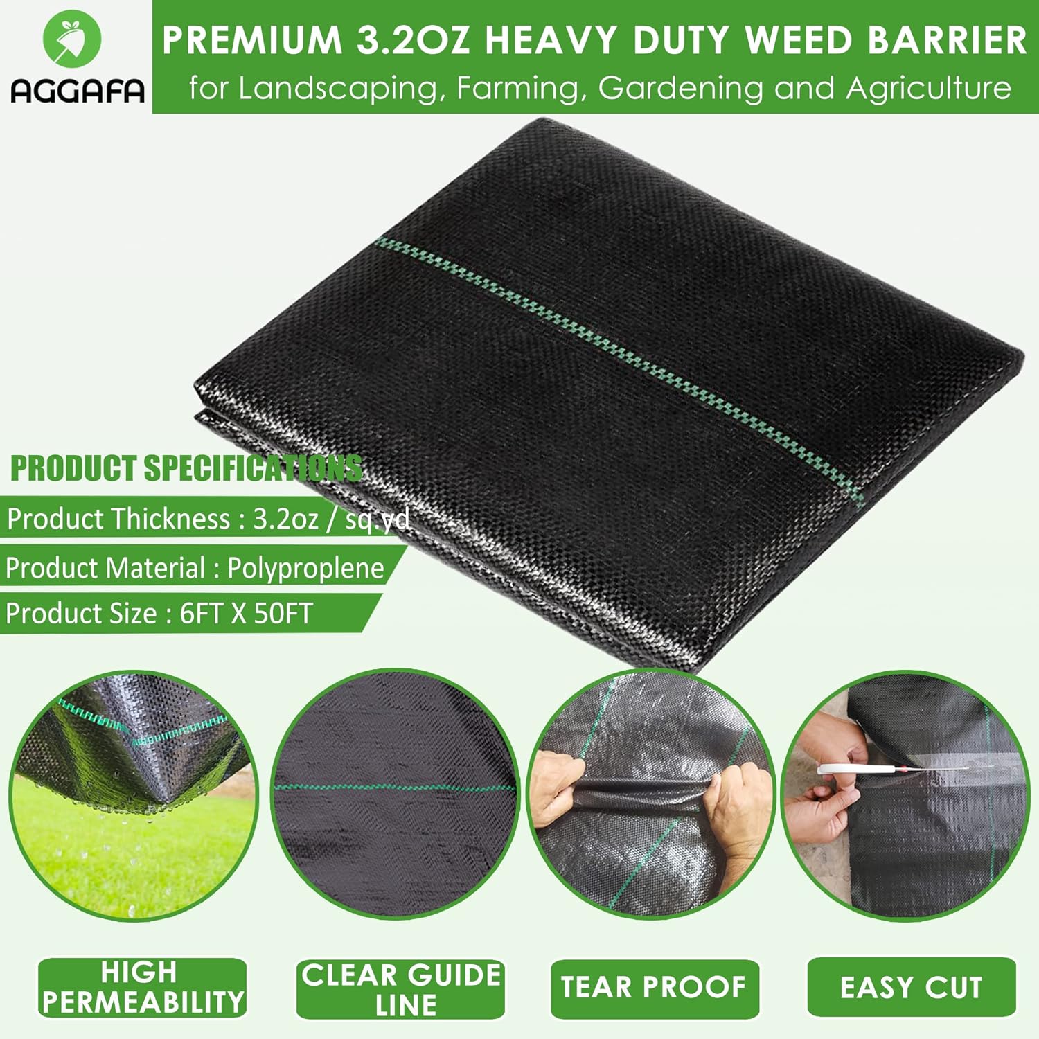 (6ft x 50ft 100% Virgin Material. Premium Heavy Duty Weed Barrier Fabric for Landscaping, Farming, Gardening and Agriculture. Durable Woven Landscape Fabric