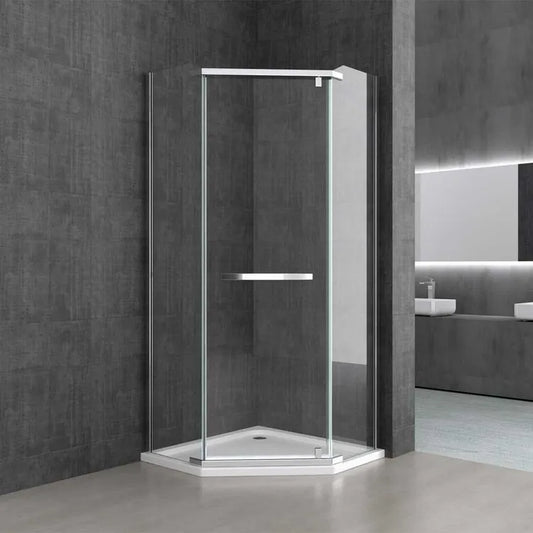 Pentagonal frameless design stainless steel glass hinge two fixed one open door diamond shape shower enclosure