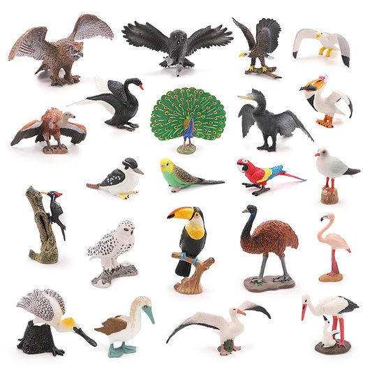 野生鳥類動物天堂孔雀鸚鵡紅鶴貓頭鷹鴕鳥雕像可動人偶微型裝飾兒童教育玩具